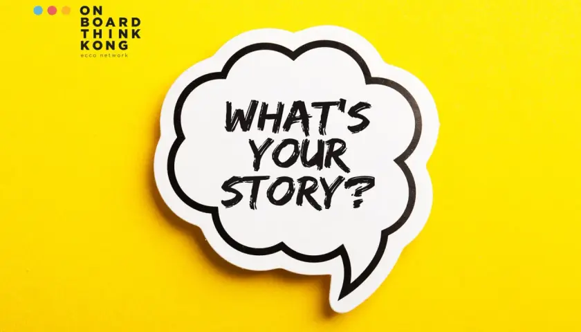 Biała chmurka z napisem "WHAT'S YOUR STORY?" na żółtym tle.