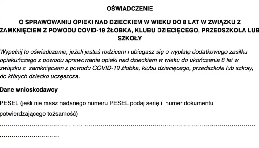 Fragment formularza oświadczenia dotyczącego sprawowania opieki nad dzieckiem w wieku do 8 lat z powodu COVID-19.