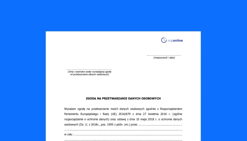 Formularz zgoda na przetwarzanie danych osobowych, zawierający pole na imię i nazwisko, miejscowość i datę, oraz tekst o zgodzie na przetwarzanie danych zgodnie z RODO.