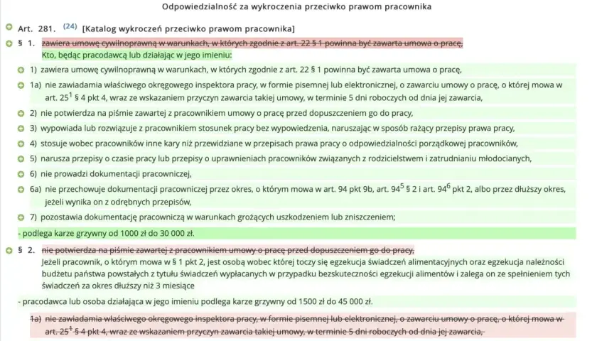 Fragment tekstu prawnego dotyczący odpowiedzialności pracodawcy za wykroczenia przeciwko prawom pracownika.