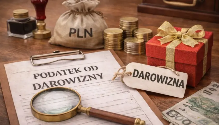 Dokument "Podatek od darowizny", lupa, worek z PLN, monety, prezent i banknoty.