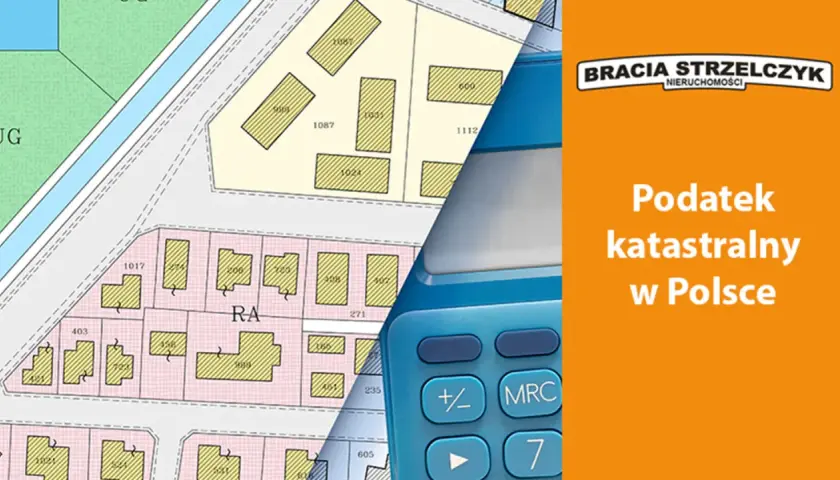 Mapa działek i fragment kalkulatora na pomarańczowym tle z napisem "Podatek katastralny w Polsce".