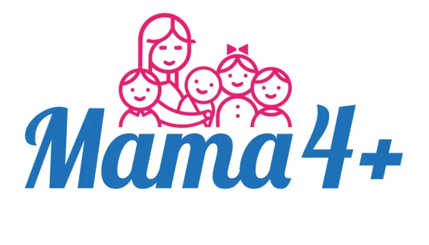 Logo "Mama 4+" z uśmiechniętą mamą i czwórką dzieci. Symbolizuje wsparcie dla rodzin, jak rodzicielskie świadczenie uzupełniające.