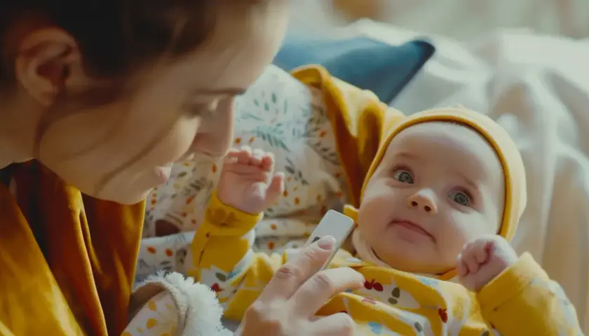 Matka mierzy temperaturę niemowlaka termometrem.