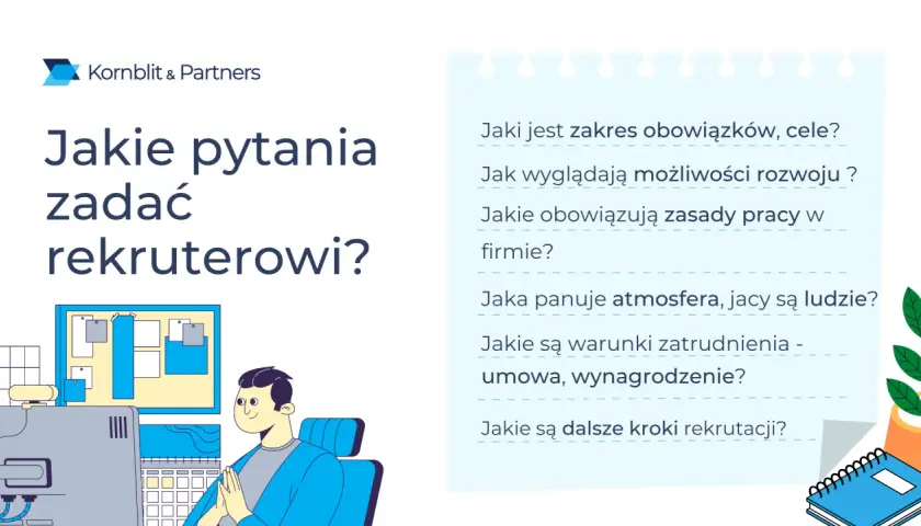 Ilustracja przedstawia mężczyznę siedzącego przy biurku z komputerem, na którym wyświetlają się pytania dotyczące rozmowy kwalifikacyjnej.