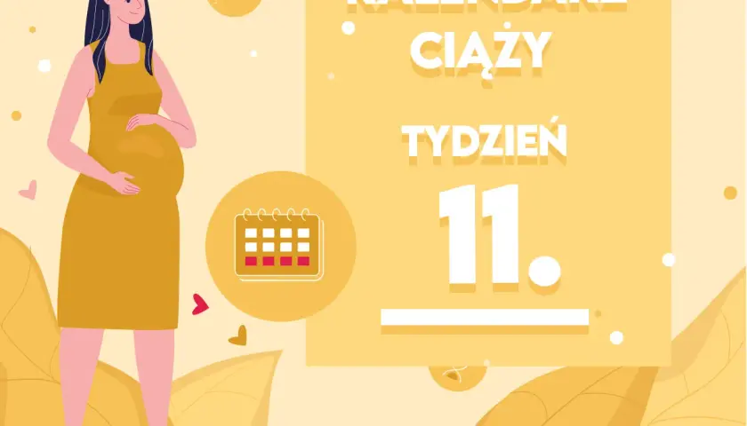 Kobieta w żółtej sukience, w 11 tygodniu ciąży, trzyma dłoń na brzuchu. Obok kalendarz i napis "Kaledarz ciąży tydzień 11".