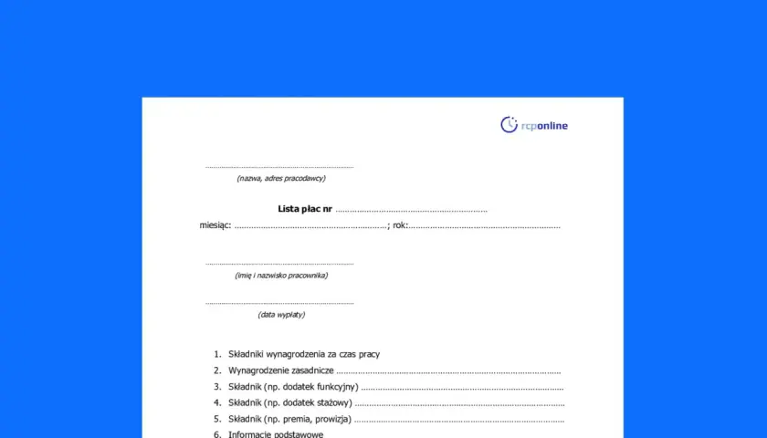 Formularz lista płac z polami do wypełnienia: nazwa pracodawcy, miesiąc, rok, imię i nazwisko pracownika, data wypłaty, składniki wynagrodzenia.