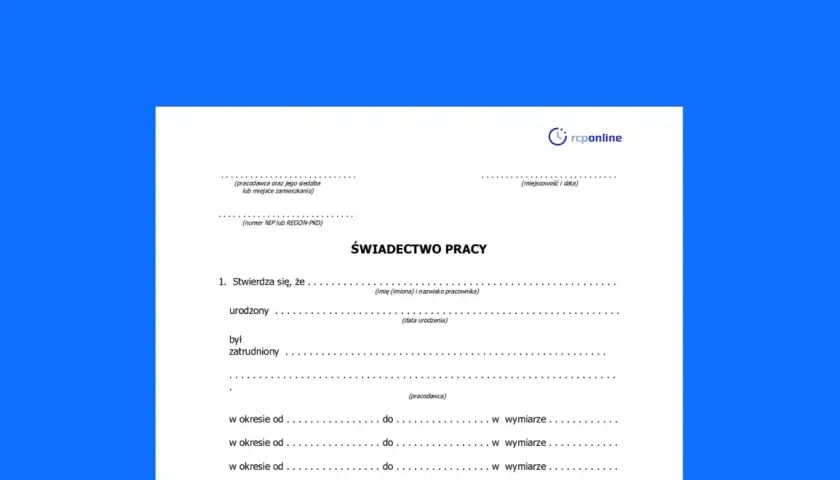 Fragment świadectwa pracy z danymi pracodawcy i pracownika.
