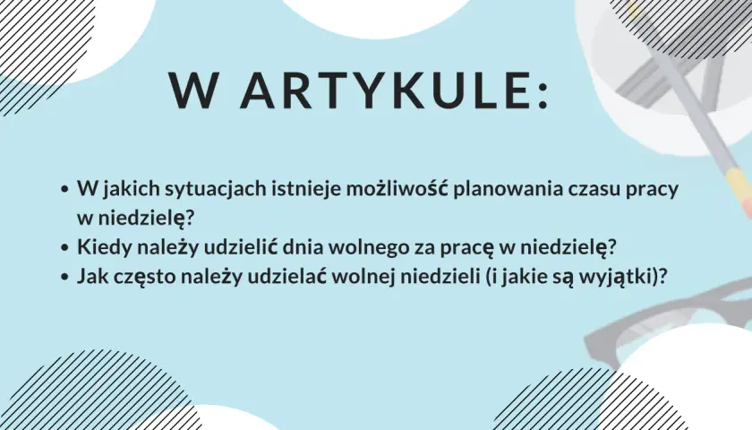 Grafika z tekstem "W ARTYKULE:" i pytaniami o pracę w niedzielę.