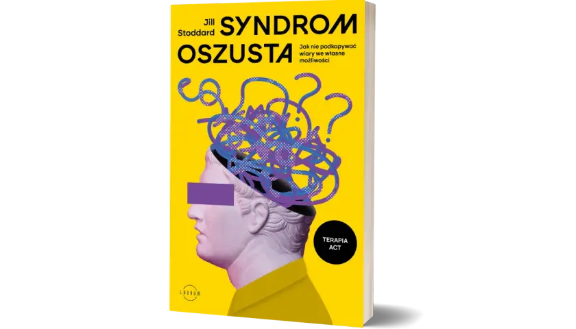 Żółta okładka książki z profilem greckiej rzeźby, z plątaniną znaków zapytania i linii w głowie.