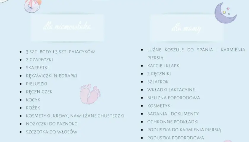 Ilustracja z listą rzeczy do szpitala dla niemowlaka i mamy, z bocianem i księżycem.