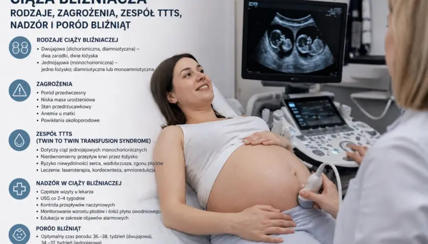 Szczęśliwa przyszła mama na badaniu USG, które potwierdza ciążę bliźniaczą. Na ekranie widać dwa maleństwa.
