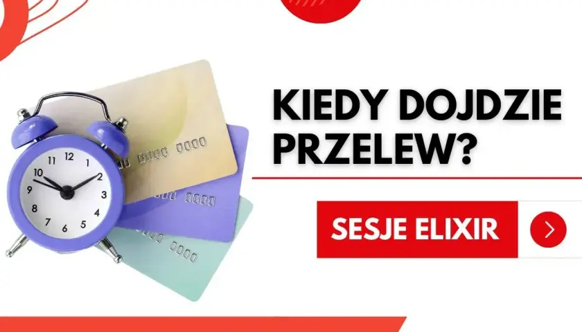 Budzik i karty płatnicze symbolizują pytanie: "Kiedy dojdzie przelew?". Kliknij "Sesje Elixir", by dowiedzieć się więcej.