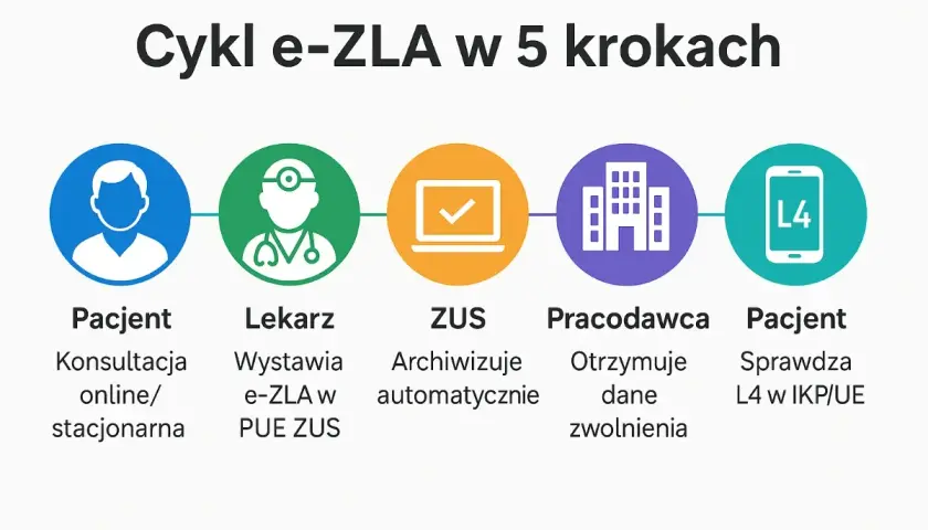 Cykl e-ZLA: Pacjent, lekarz wystawia e-ZLA w PUE ZUS, ZUS archiwizuje, pracodawca otrzymuje dane. Jak to działa?