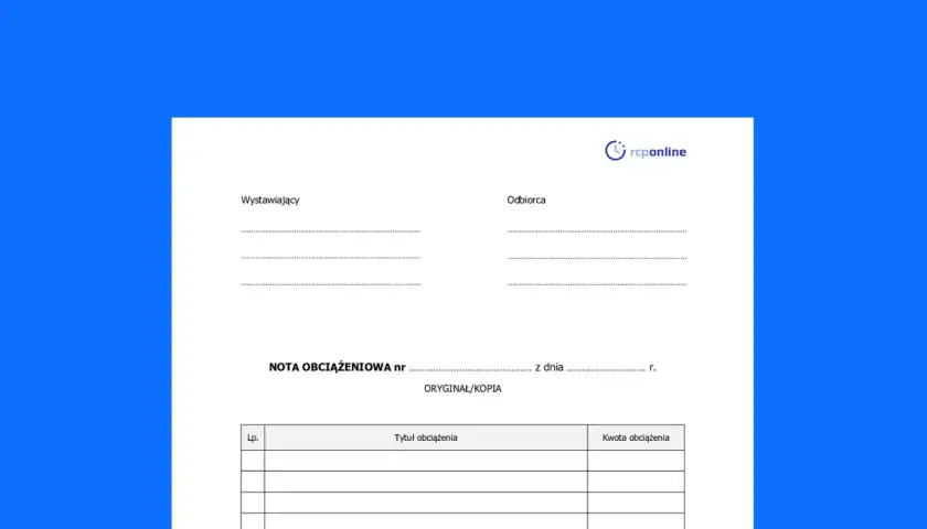 Formularz nota korygująca z polami na dane wystawcy, odbiorcy, numer i datę, a także tabelą na tytuł i kwotę obciążenia.