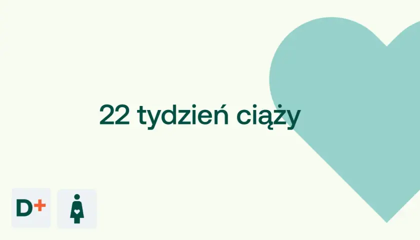22. tydzień ciąży, ikony D+ i kobiety w ciąży, turkusowe serce.