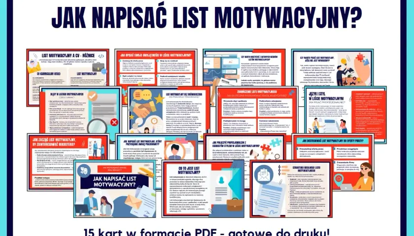 Grafika przedstawia kolaż z kilkunastu kart informacyjnych na temat pisania listów motywacyjnych.