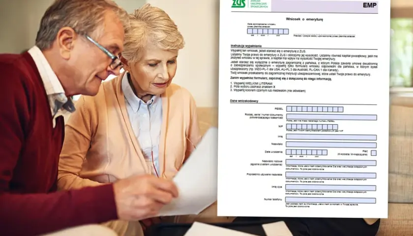 Starsze małżeństwo analizuje dokumenty ZUS dotyczące emerytury. Wniosek o emeryturę zawiera rubryki na dane osobowe, PESEL, NIP, datę urodzenia i inne informacje potrzebne do ustalenia, jakie dokumenty do emerytury są wymagane.