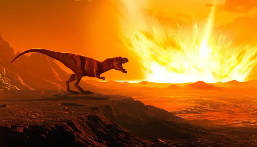 Dinozaur na skraju klifu patrzy na ognistą kulę na niebie. Scena z filmu edukacyjnego "Jak wyginęły dinozaury" dla dzieci.
