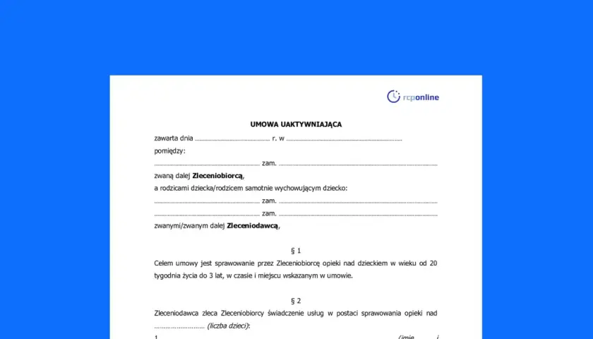 Fragment umowy aktywizującej dla niani z logo "rcponline".