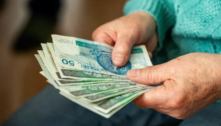 Dłonie starszej osoby trzymające stos polskich banknotów.