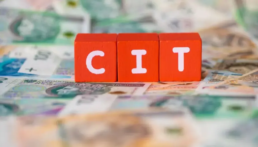 Czerwone klocki z literami "C", "I", "T" leżą na banknotach. Podatek CIT to ważna kwestia dla firm.