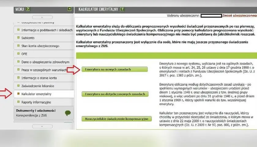 Zrzut ekranu z kalkulatorem emerytalnym ZUS, z zaznaczonymi opcjami "Emerytura na nowych zasadach" i "Kalkulator emerytalny".