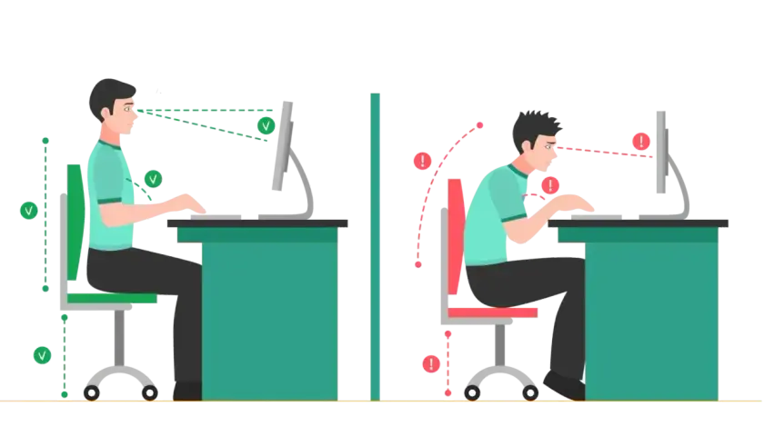 Ilustracja porównująca prawidłową i nieprawidłową postawę przy biurku, z zaznaczonymi elementami ergonomii.
