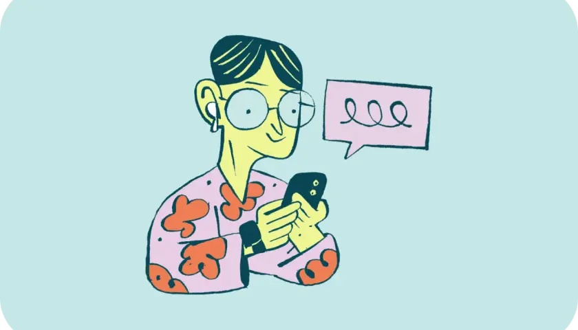 Ilustracja: osoba w okularach i bluzie w kwiaty trzyma smartfon, obok dymek z tekstem.