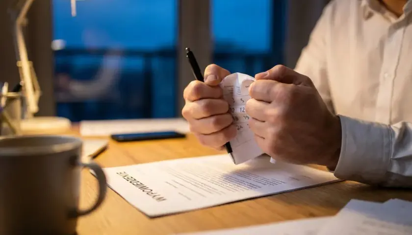 Zaciśnięte dłonie drą dokument z nagłówkiem "WYPOWIEDZENIE". Frustracja towarzyszy pracy nad ważnymi wypowiedzeniami.