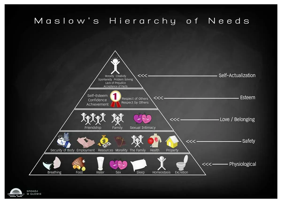 Piramide potrzeb Maslowa: na dole **jakie są potrzeby fizjologiczne** (jedzenie, woda, seks, sen, oddychanie, wydalanie), wyżej bezpieczeństwo, miłość, szacunek i samorealizacja.