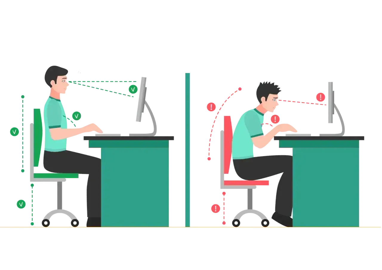 Ilustracja porównująca prawidłową i nieprawidłową postawę przy biurku, z zaznaczonymi wskaźnikami ergonomii.