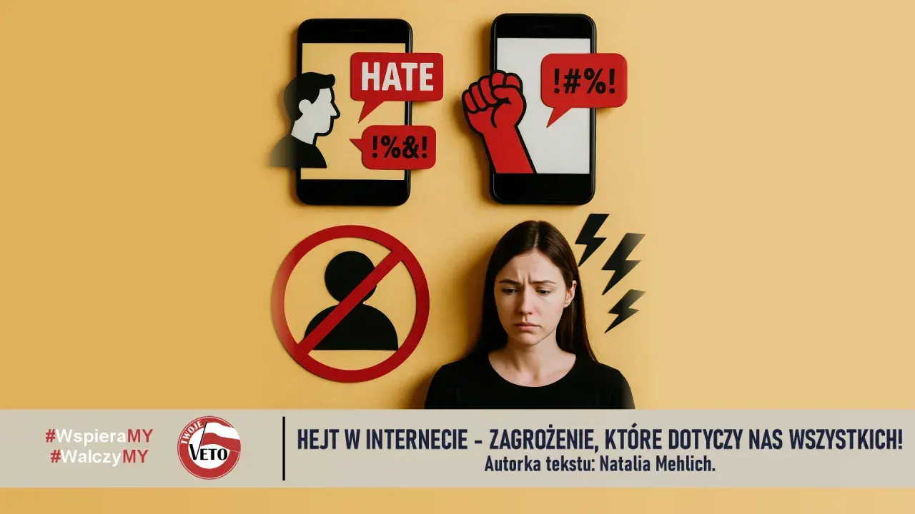 Smutna kobieta obok symboli hejtu w internecie: telefony z napisami "HATE", przekleństwami i zakazem.