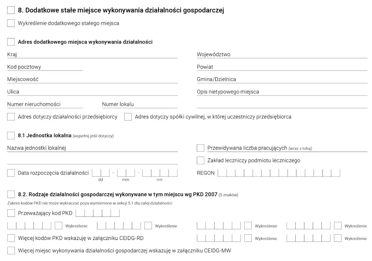 Fragment formularza CEIDG dotyczący dodatkowego miejsca wykonywania działalności gospodarczej.