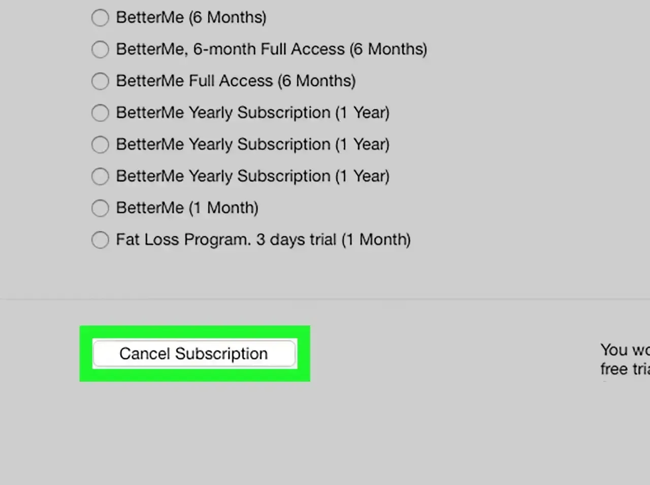 Przycisk "Cancel Subscription" na ekranie wyboru opcji, który pomoże Ci dowiedzieć się, jak zrezygnować z BetterMe.