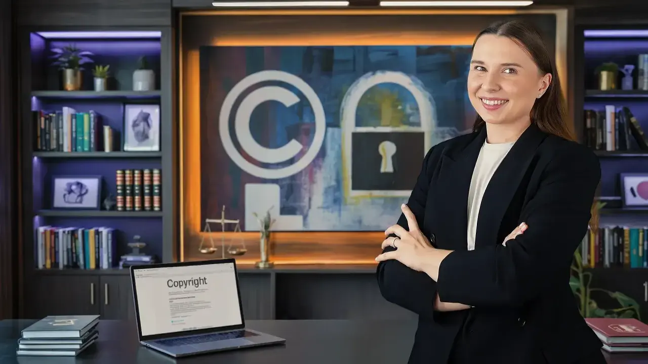 Kobieta w garniturze, laptop z napisem "Copyright", symbol ochrony praw autorskich i kłódka.