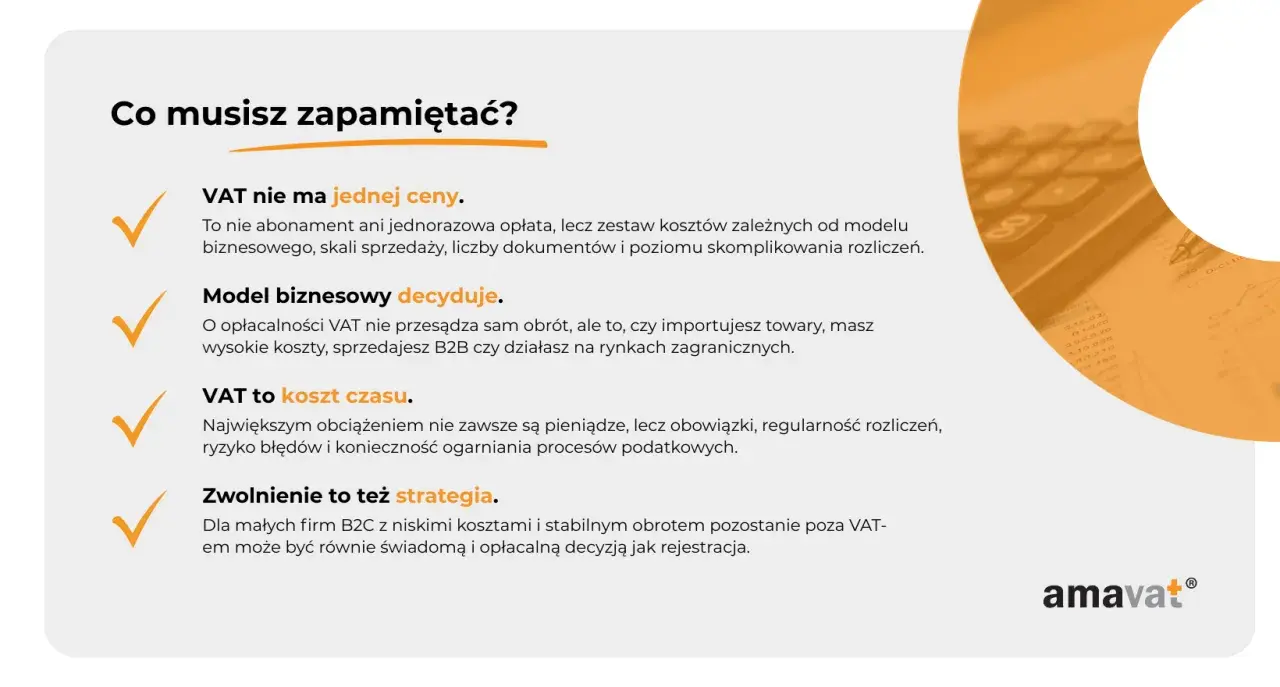 Grafika z tekstem "Co musisz zapamiętać?" i listą punktów o VAT, obok kalkulatora.