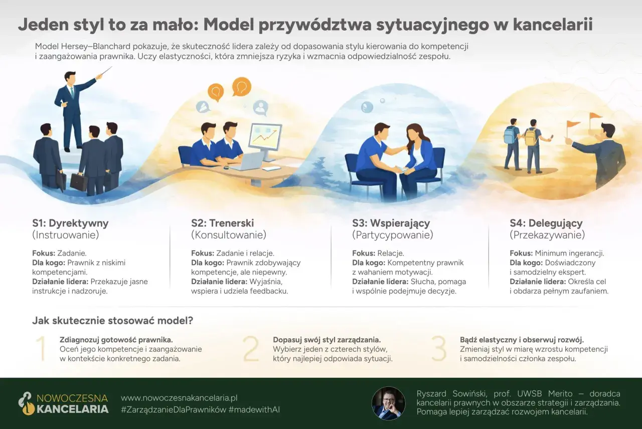 Model przywództwa sytuacyjnego w kancelarii: 4 style dopasowane do kompetencji prawnika. Skuteczne przywództwo wymaga elastyczności.