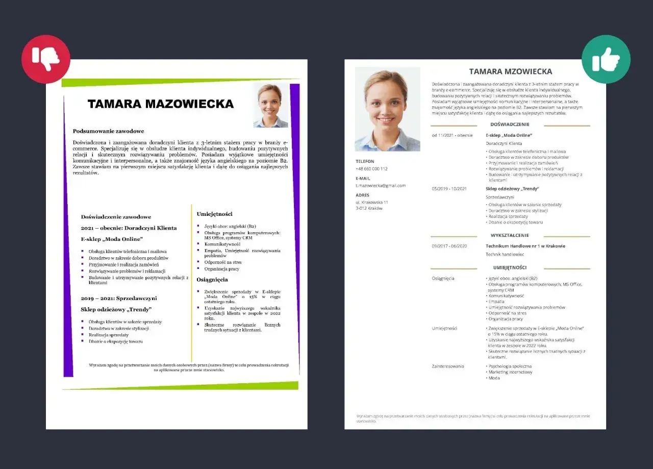 Dwa przykładowe CV z portretem kobiety i danymi kontaktowymi.