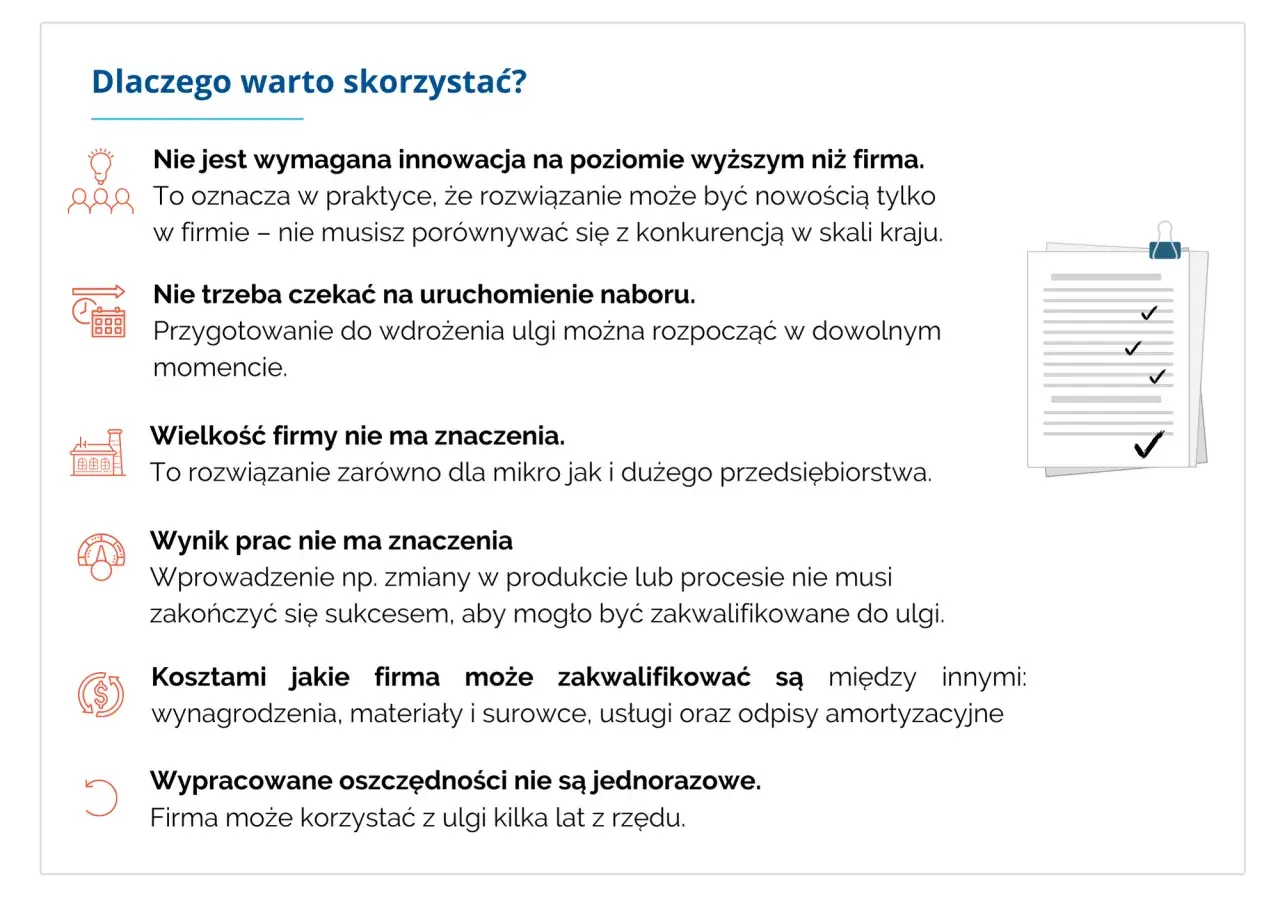 Ikony ilustrujące korzyści z ulgi B+R: żarówka, ludzie, kalendarz, budynek, koło zębate, symbol dolara, strzałka.