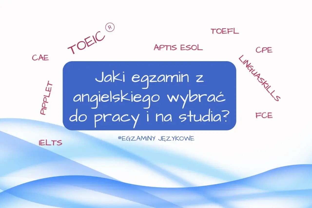 Jaki certyfikat angielski wybrać? Na grafice nazwy egzaminów: CAE, IELTS, TOEIC, TOEFL, APTIS ESOL, CPE, LINGUASKILLS, FCE.