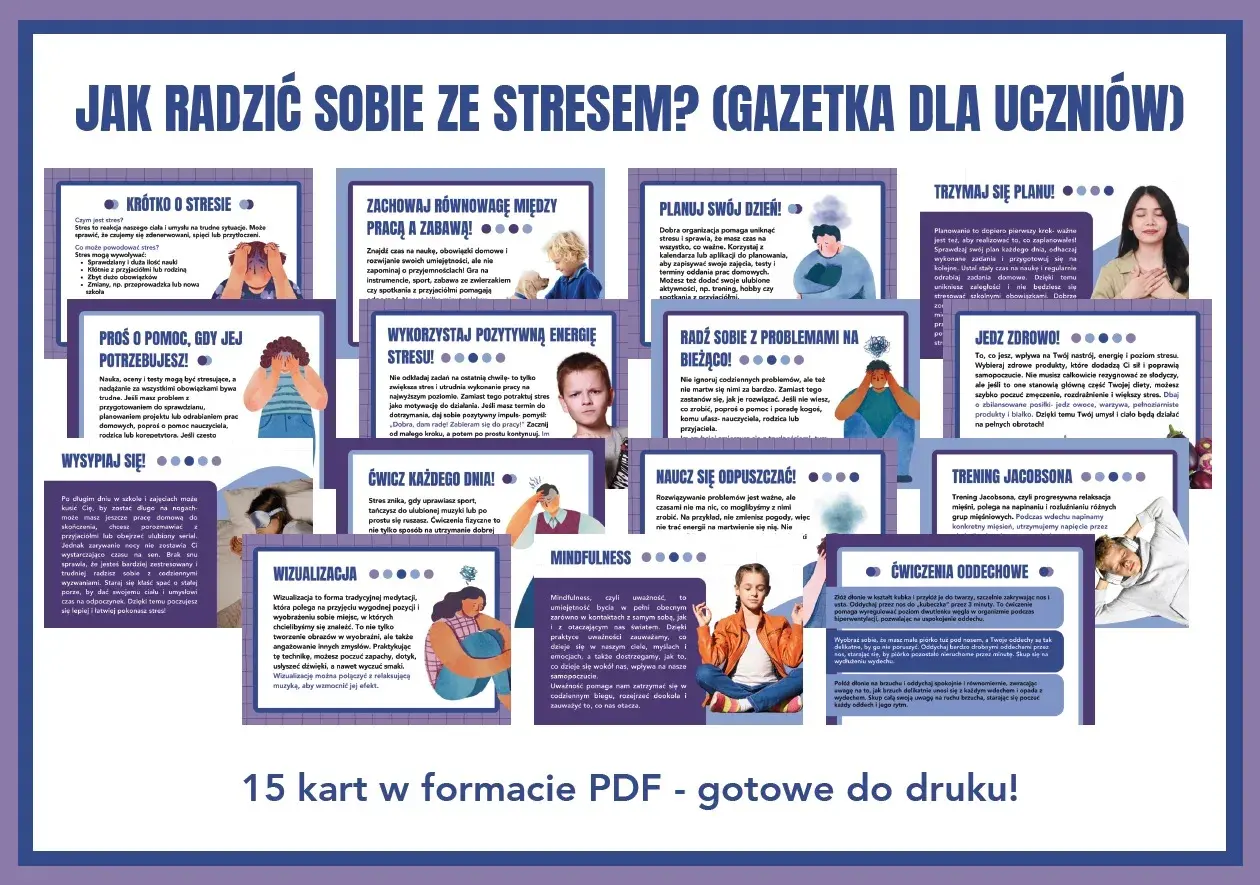 Ilustracja przedstawia kolaż z grafikami i tekstem na temat radzenia sobie ze stresem dla uczniów.