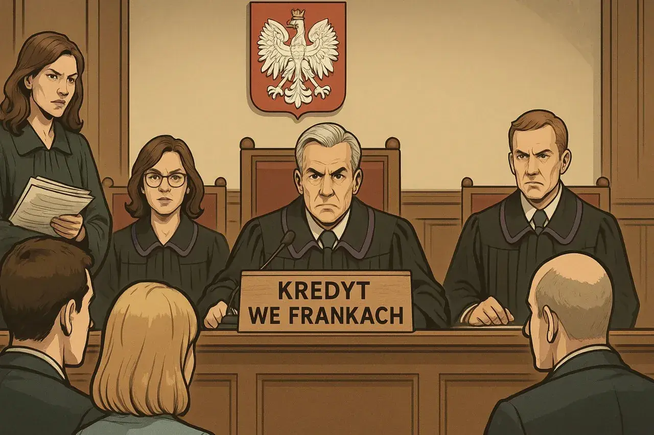 Ilustracja sali sądowej z ławą przysięgłych i tabliczką "Kredyt we frankach".