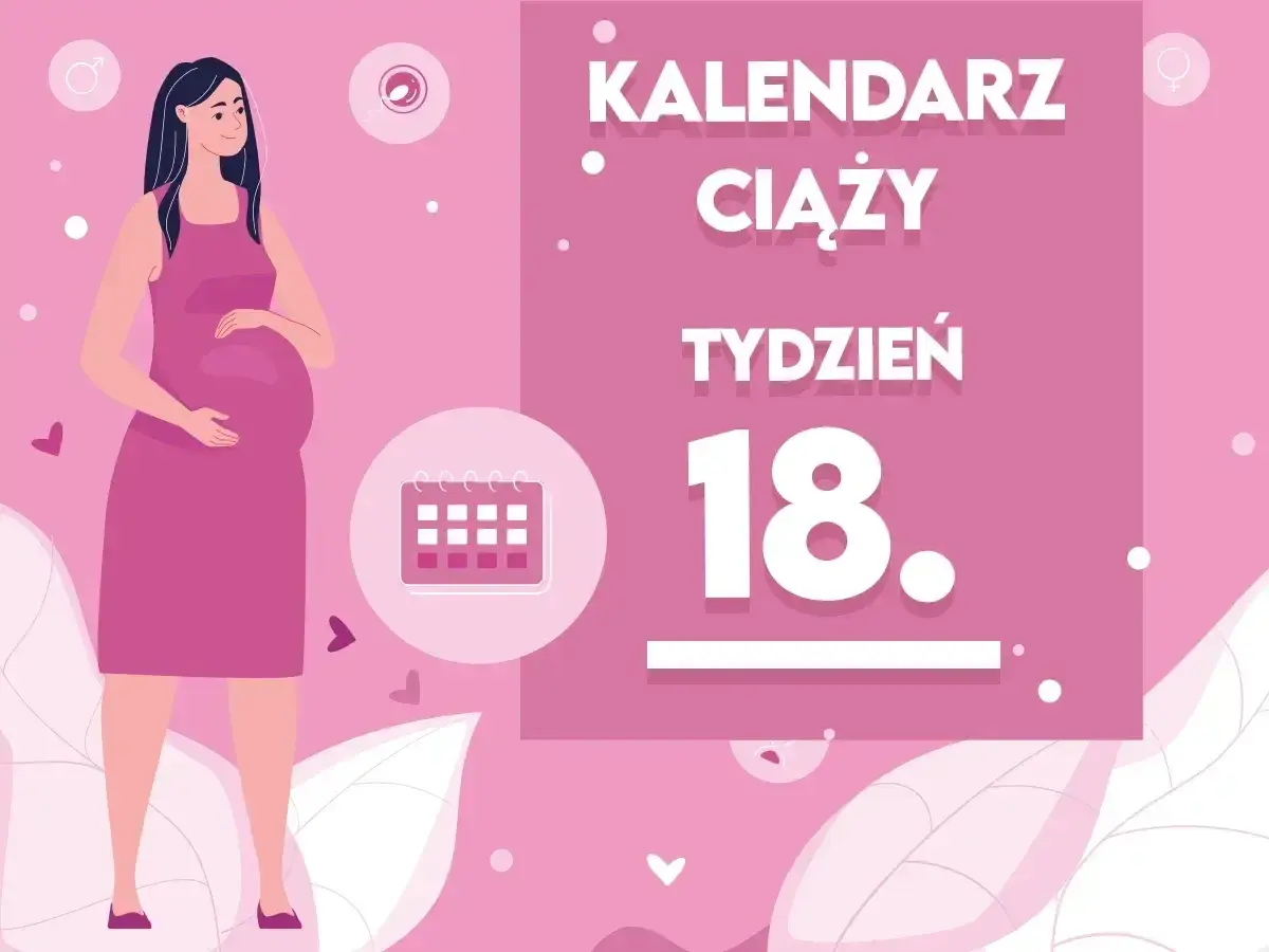 Ilustracja kobiety w ciąży z kalendarzem i napisem "Tydzień 18".