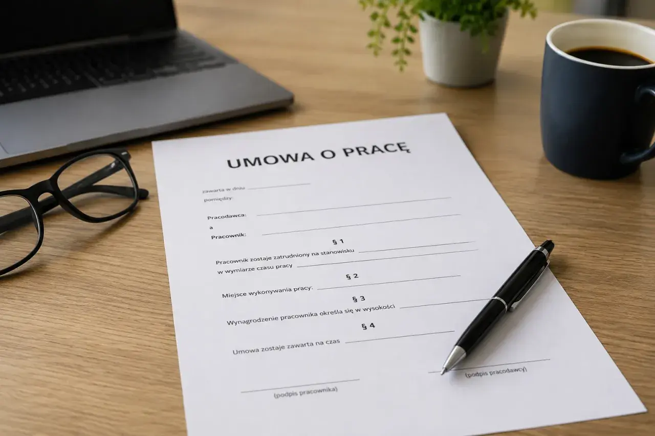 Na biurku leży dokument "Umowa o pracę", obok okulary, laptop i kubek kawy. Gotowa do podpisania.