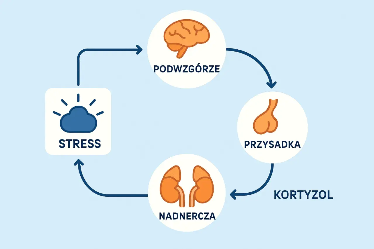 Schemat reakcji stresowej: stres, podwzgórze, przysadka, nadnercza i kortyzol.