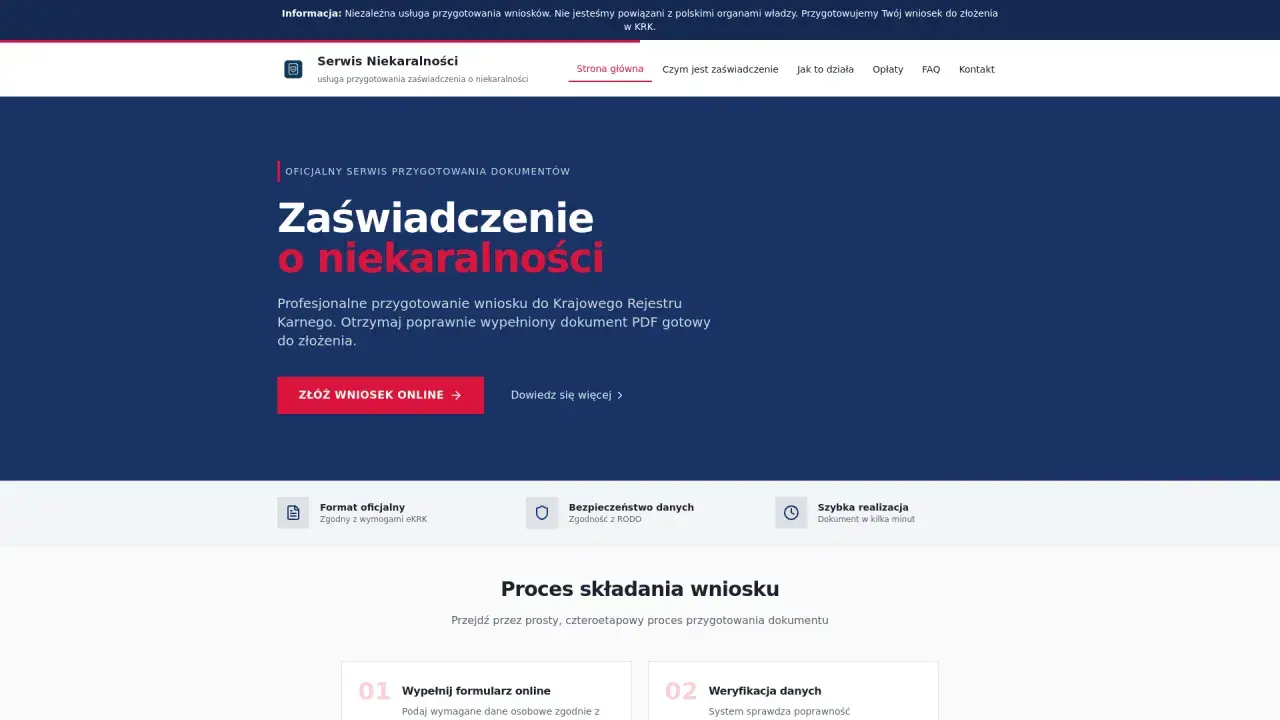Grafika przedstawia stronę internetową serwisu "Zaświadczenie o niekaralności" z przyciskiem "Złóż wniosek online".