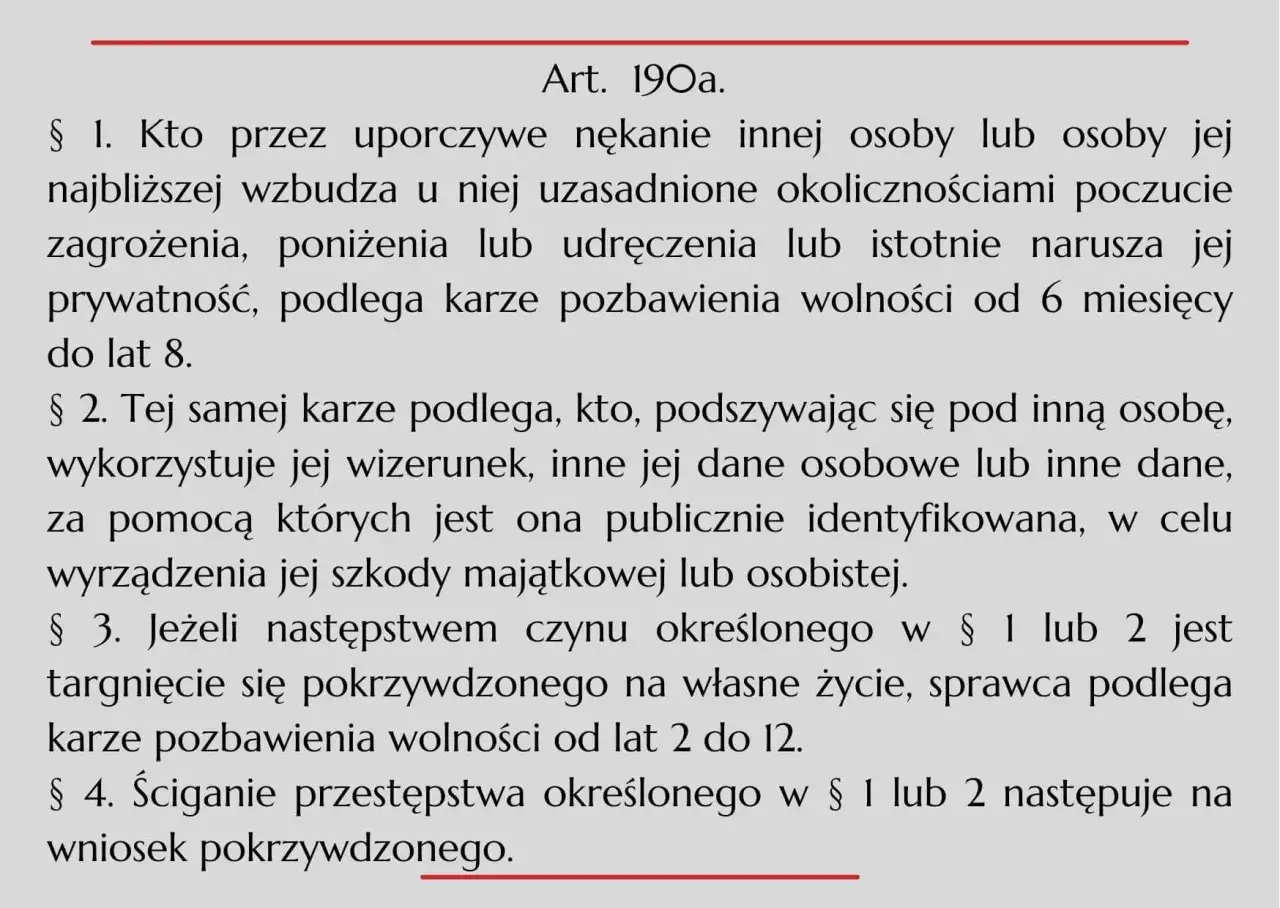 Tekst prawny opisujący stalking: uporczywe nękanie, podszywanie się, naruszanie prywatności, groźba, poniżenie, szkoda.