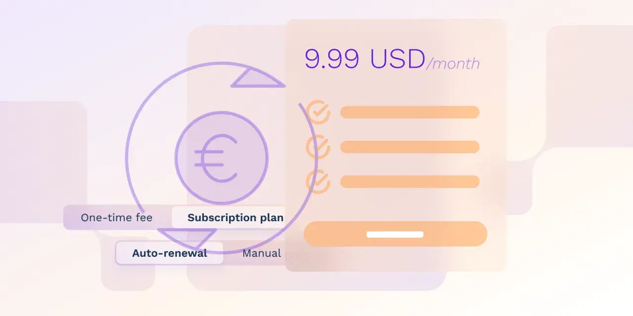 Model **saas** z planem subskrypcji za 9.99 USD/miesiąc, z opcją auto-odnowienia.