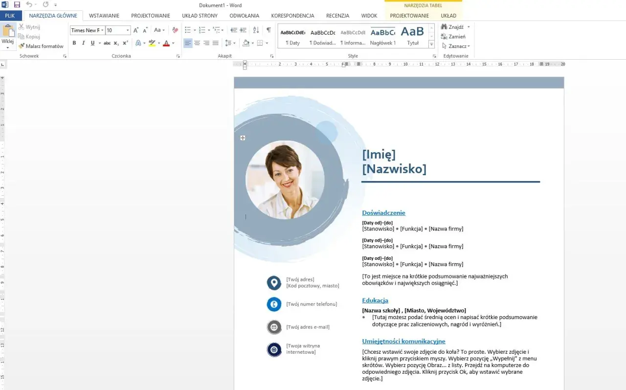 Szablon CV w Wordzie z miejscem na zdjęcie, danymi kontaktowymi, doświadczeniem, edukacją i umiejętnościami.